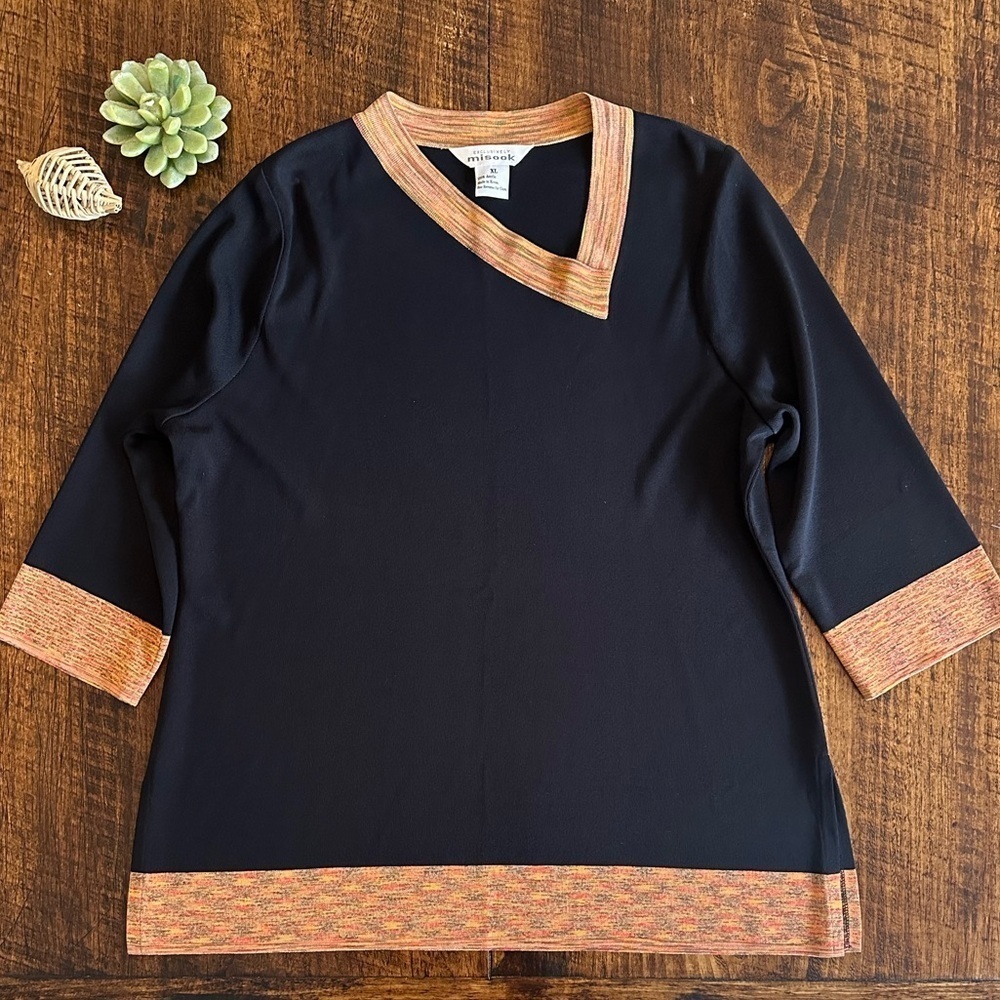 Exclusively Misook | Asymmetrical V-Neck Tunic Sweater w/ Space Dye Trim, Sz. XL